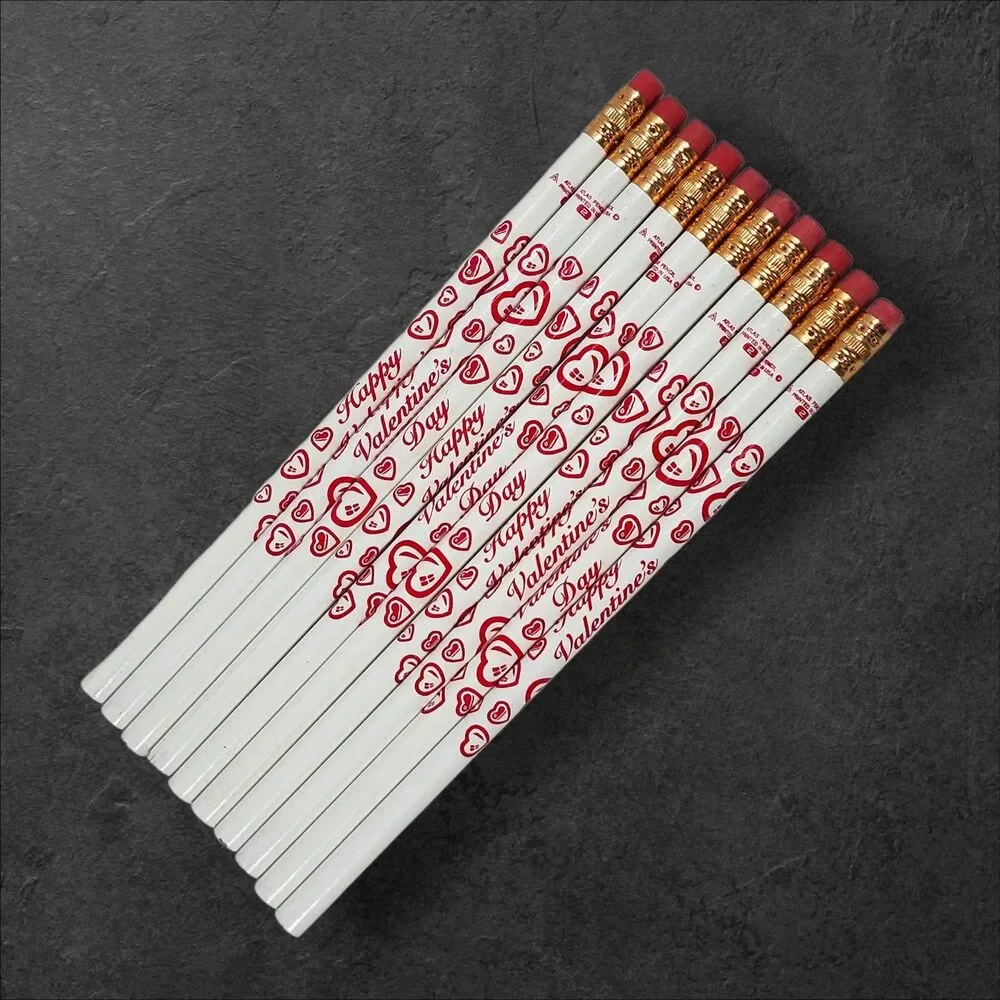 Vintage Valentine’s Day Pencils Lot of 10 Unsharpened Atlas #2 USA Hearts Red